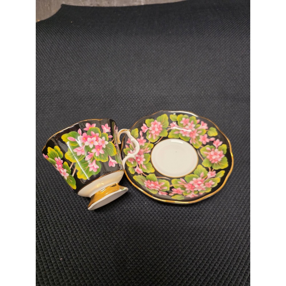Royal Albert Provincial Flowers Mayflower Teacup and Saucer Set Black Pink Gold